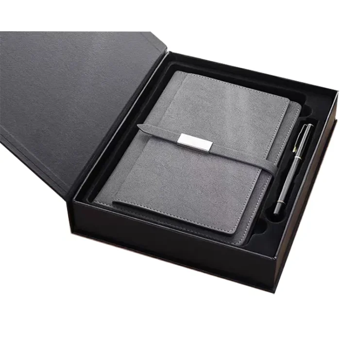 Ensemble Cadeau Promotionnel D'entreprise, Carnet De Notes A5 En Cuir PU Gris Avec Logo Personnalisé, Stylo Et Boîte